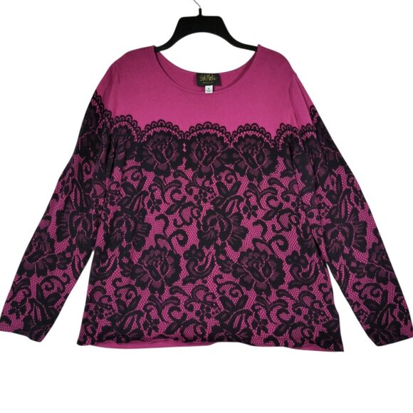 BOB MACKIE Long Sleeve Lace Print Pullover Sweater Pink Black Size XL - Picture 2 of 6